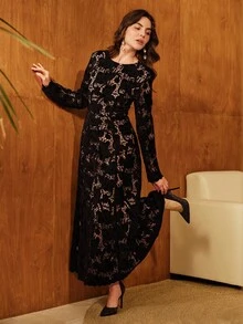 Anewsta 女士长款花卉蕾丝优雅连衣裙，时尚春秋 - 黑色 - 查看 7