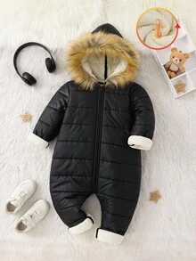 SHEIN 年轻女孩纯色休闲仿皮草连帽连体裤 - 黑色 - 查看 1