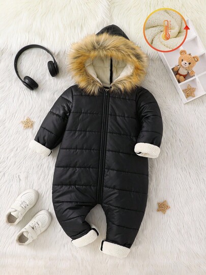 SHEIN Jednokolorowy, swobodny kombinezon z kapturem i sztucznym futerkiem dla młodej dziewczyny