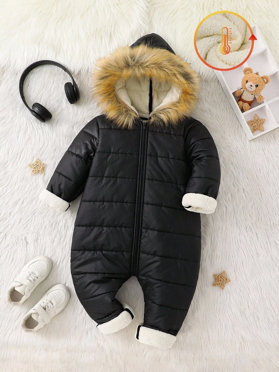 SHEIN 年轻女孩纯色休闲仿皮草连帽连体裤 - 黑色 - 查看 1