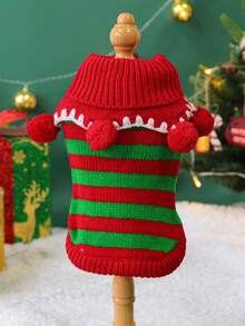 PETSIN 1 buah Sweater Natal Bergaris Merah dan Hijau untuk Hewan Peliharaan, Kucing dan Anjing Lucu Mengenakan Pakaian Hangat Musim Gugur dan Musim Dingin - Garis merah dan hijau - View 7