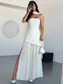 Firerie 女士休闲优雅网眼刺绣雪纺连衣裙 / 秋季女装 / 女士约会夜装 / 露肩 / 飘逸连衣裙 / 教堂礼服 / 婚礼宾客礼服 / 优雅返校节礼服 / 节日礼服 / 派对礼服 / 雪纺飘逸裙 / 伞裙 - 杏色 - 查看 3