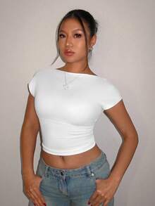 SHEIN MOD 性感休闲纯色百搭露背短袖女式T恤，适合夏季