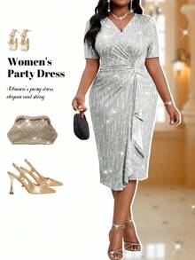 Fleurora 2025 New Plus Size Women Spring And Summer Elegant Silver Elegant Retro Work Wedding Reception Valentine's Day New Year's Party Knitted Depp V Neck Rhinestone Ruffle New Arrival Slim Dress Plus Size Dress Formal Prom Dress  Dresses For Women Elegant Party Dress Long Party Dress Halloween Wedding Guest Dress For Women Elegant Dresses For Party National Day Dress Shiny Dress Plus Size Party Outfit Women Party Outfit Plus Size Silver Dress Curve Birthday Outfit Dinner Outfits For Women  Long Summer Dress For Women - Silver - View 1