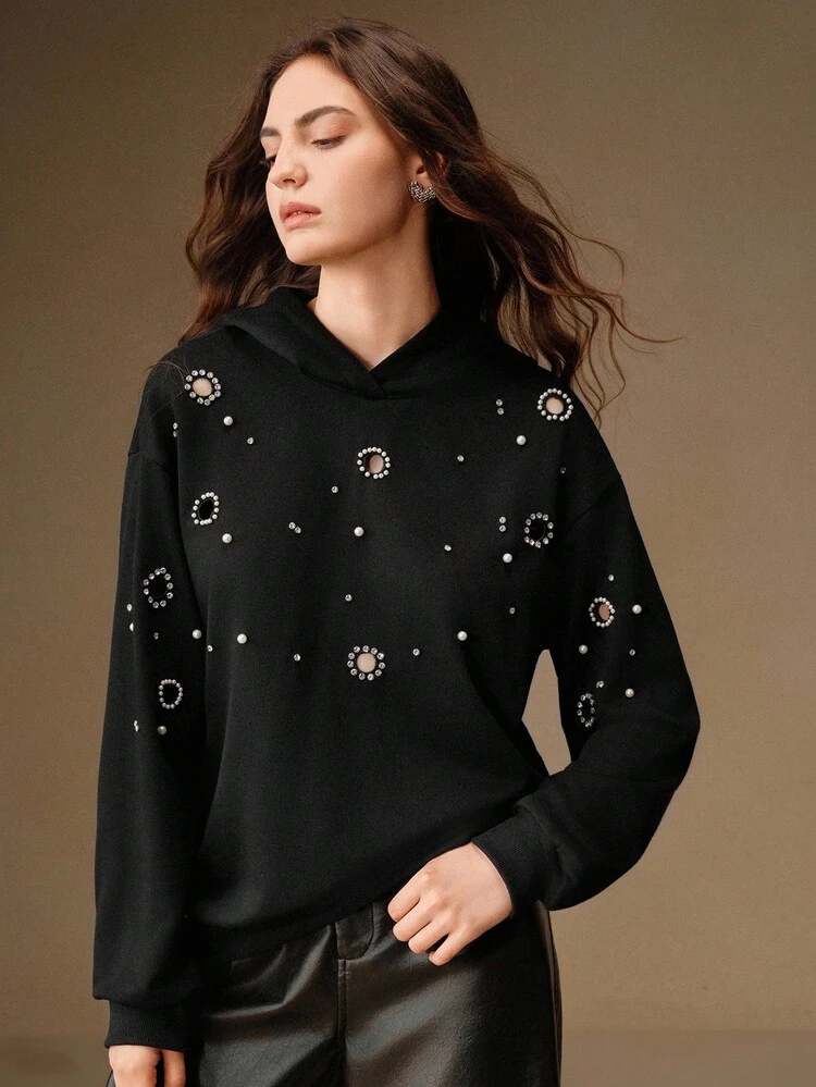 여성용 가을 인조 진주 장식 중공 디자인 긴팔 후드 스웨트셔츠