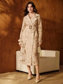 Anewsta 优雅束腰长袖喇叭形系带玫瑰烂花女式风衣，露肩，商务休闲，秋冬 - 彩色 - 查看 6