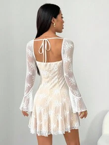 SHEIN PETITE Váy ren xếp ly kiểu bustier cho nữ, trang phục mùa hè cho nữ/trang phục mùa xuân/trang phục ngày lễ tình nhân/trang phục lễ hội/trang phục đi nghỉ biển, trang phục Nashville, váy tốt nghiệp màu trắng, váy ren trắng - trắng - Xem 2