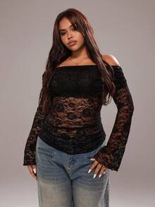 Rustia Áo cánh tay loe hở vai thanh lịch gợi cảm cỡ lớn dành cho nữ - màu đen - Xem 4