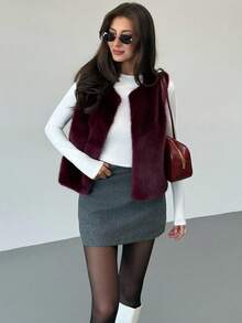 Aloruh Sleeveless Basic Outerwear, Elegant Fashion Faux Fur Coat In Fall/Winter - Burgundy - View 4