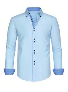 Manfinity Mode Men's Casual Plaid Graphic Patchwork Button-Up Long Sleeve Collar Shirt, Spring Autumn, For Dad And Me, Old Money Men, Work, Daddy, For Fall - Baby Blue - View 3