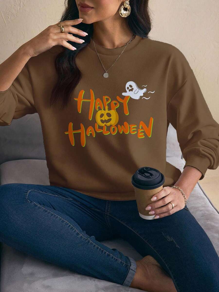 Shutterstock Glamance 女士万圣节口号印花圆领运动衫 万圣节服装秋季女装万圣节运动衫棕色运动衫万圣节快乐运动衫秋季运动衫万圣节毛衣秋冬 - 棕色 - 查看 1