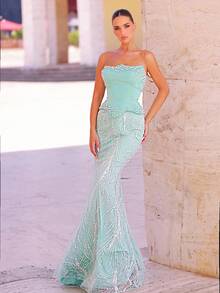 Glamrae Váy đuôi cá bằng vải satin đính kim sa và kim cương sang trọng, quyến rũ, thanh lịch, có đuôi, phù hợp cho đám cưới, tiệc tùng, dạ hội, sự kiện trang trọng (trang trí đậm) - Cỏ xanh - Xem 6