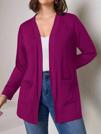 Chikora Plus Size Black Knit Pocket Loose Fit Cardigan With Pockets,Business Casual Woman Winter Fall Autumn