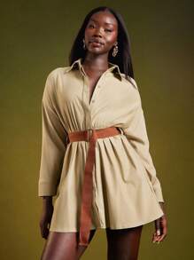 NYA SZN Dress Long Sleeve Button Up Collar Belt Buckle Detail Mini Length Outfits For Women - Green - View 1
