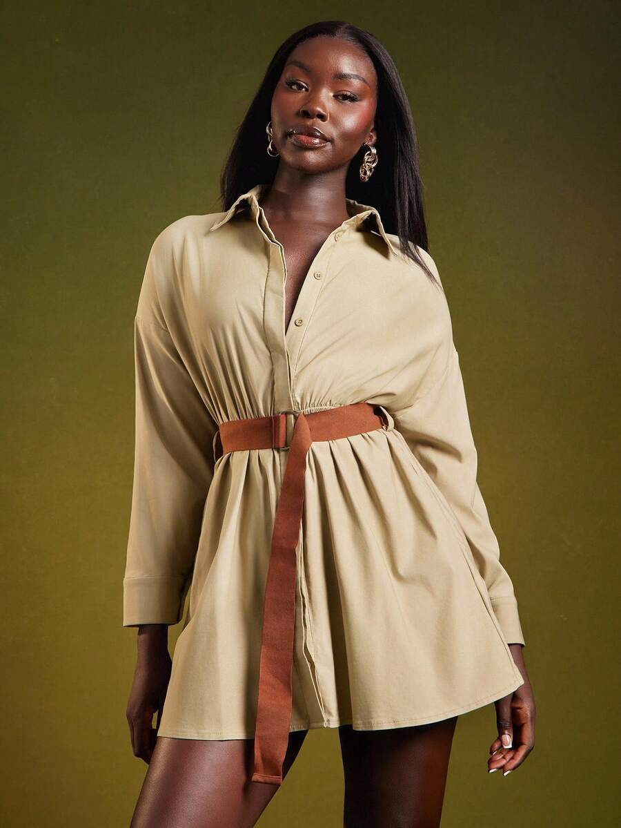 NYA SZN Dress Long Sleeve Button Up Collar Belt Buckle Detail Mini Length Outfits For Women - Green - View 1