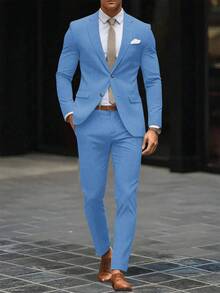 Manfinity Mode 男士淡蓝色西装两件套：修身休闲西装外套和裤子，打造时尚现代造型 - 藍色 - 查看 4