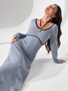Modelyn V-Neck Color Block Tie Collar Metal Decor Button Long Sleeve Waist Cinched Women Long Dress Fall Cloth For Women - Blue - View 2