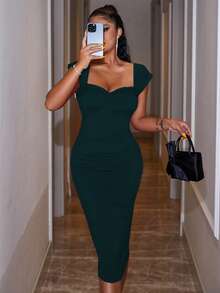 EURMUSE Women's Solid Color Sweetheart Neck Ruffle Sleeve Fitted Elegant Dress - Dark Green - View 5