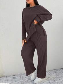 EURMUSE Plus Drop Shoulder Split Hem Tee & Pants - Brown - View 3