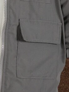 1 szt. chłopięca kurtka polarowa z kapturem w kolorze szarym i beżowym, z ozdobną kieszenią z przodu, prosta i modna, odpowiednia dla chłopców w wieku 4-7 lat, do codziennego noszenia