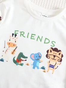 SHEIN 2 件套男婴/女婴休闲可爱蜡笔动物印花宽松圆领针织上衣 T 恤和短裤套装，适合春夏季穿着