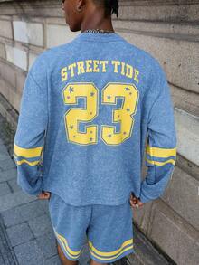 PAVTROS 男士仿雪花效果面料蓝色配黄色条纹和数字“23”和“77”团队元素上衣拼接设计V领长袖运动衫配松紧腰短裤运动衫套装宽松舒适数码印花T恤短裤套装，适合送给男朋友和朋友作为礼物男士两件套蓝色男士街头潮流套装男士两件套运动服针织两件套男士 - 淺色水洗藍 - 查看 3