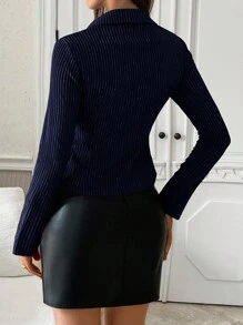 Almamuse 女式线条印花简约休闲长袖衬衫 - 寶藍色 - 查看 2