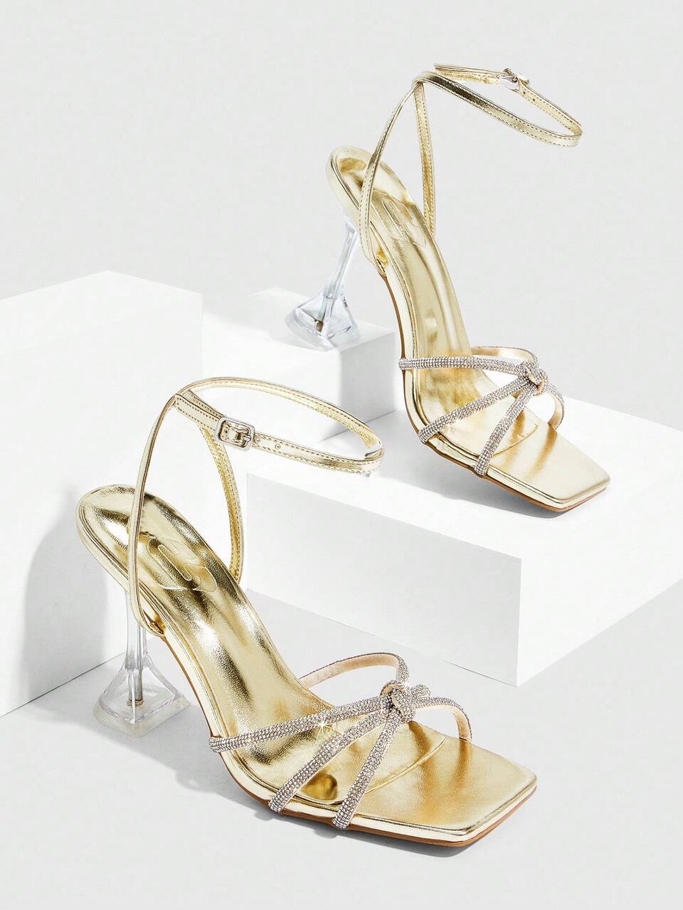 CUCCOO SZL Women's Gold Diamond Strap Ankle Strap Sexy Fashion Square Toe Glass Cup Heel Nightclub Elegant High Heel Sandals