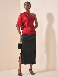 Zivah 20  Autumn/Winter New Styles For Birthday Parties, Back To School, Preppy Style, Student Wear, Everyday Outings, Basic And Versatile, Leisure, Vacation, Cruise, Beach, Seaside, Sunbathing, Influencer Hot Style, Street Style, Elegant, Commuter, Business Casual, One-Shoulder Asymmetrical Shoulder Mid-Length Sleeves, Side Gathering, Shiny Satin, Loose Fit, Reddish Brown, Summer Tops, Women's Tops And Shirts - Redwood - View 7