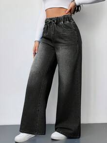 SHEIN Tall Women's Jeans Casual High Waist Wide Leg Trousers Blue Women's Jeans Baggy Jeans Y2k Jeans Wide Leg Jeans Jeans With Drawstring High Waisted Jeans Romwe Jeans Women Jeans High Waist,Black Jeans - Black - View 4