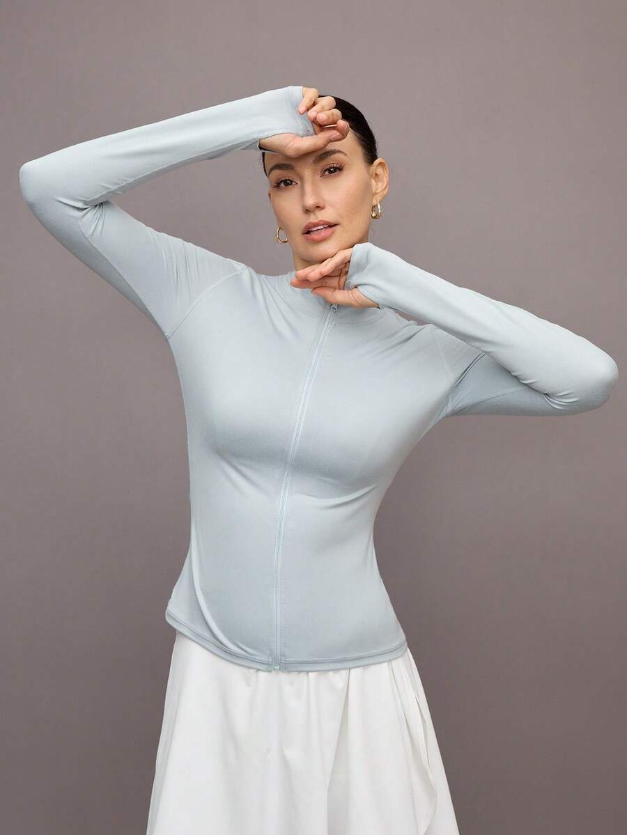 Activina Women's Solid Color Long Sleeve Zip-Up Fitted Sports Jacket - Grey - View 1