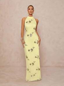 Lumalex 女式亮片刺绣立领腰部修身露背系带开衩连衣裙 - 黃色 - 查看 4