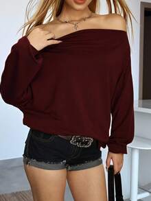 Rina Fox 女士纯色露肩长袖休闲宽松T恤，春夏印花T恤，女士上衣，适合春秋季穿着 - 酒紅色 - 查看 5