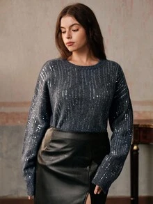 Anewsta Fashionable Design Heavily Embellished Sequin Embroidery Loose Crew Neck Plus Size Women Sweater, Suitable For Autumn, Fall, Winter, Going Out, Elegant, Formal, Party, Chic, New Year, Christmas, Work, Graduation, Wedding - Grey - View 6