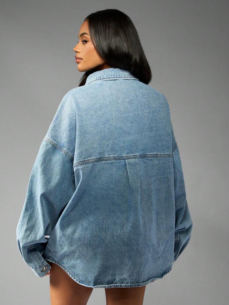 MISSGUIDED Oversized Denim Shirt With Lace Up Front Detail Western Style Button Down Collar Long Sleeve Fall Winter Fashion Statement Piece Distressed Light Wash