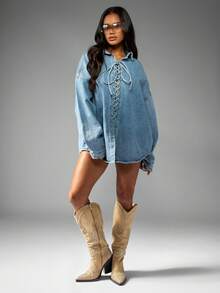 MISSGUIDED Oversized Denim Shirt With Lace Up Front Detail Western Style Button Down Collar Long Sleeve Fall Winter Fashion Statement Piece Distressed Light Wash - White - View 3