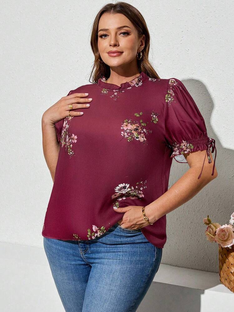 SHEIN Clasi Plus Size Women's Floral Print Ruffle Collar Short Puff Sleeve Fashion Blouse,Fall Clothes For Women - Burgundy - View 4
