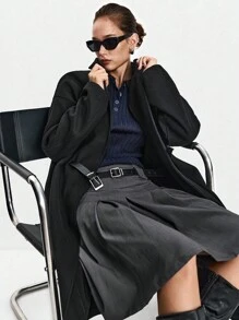 Lumivelle 绿色女式简约宽松腰带装饰长款羊毛大衣 - 黑色 - 查看 6