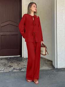 EURMUSE WOMEN TWO PIECES OUTFIT WITH TIE KNOT DETAILED - Red - View 4