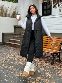 SHEIN EZwear 加大码可调节腰部抽绳宽松长款夹克，加厚，适合秋冬 - 黑色 - 查看 3