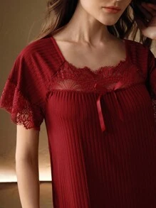 Anewsta Women's Ruffle Lace Loose Nightgown, Simple & Fashionable For Everyday Casual Wear - Burgundy - View 2