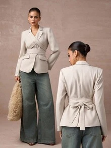 Lumalex 秋冬季复古闪亮假日派对西装外套，适合锐舞派对、音乐节、郊游、泳装度假、波西米亚风等各种场合，层次丰富，适合婚礼季、宴会、成人礼等。这款女士垫肩系带腰身真口袋西装外套，尽显秋冬奢华风情，是舞会、圣诞节、新年等场合的理想之选。 - 杏色 - 查看 9