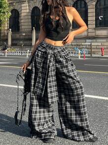 Coolane Fall Clothes For Women Going Out Streetwear  Plaid Woven Tie-Waist Wide Leg Loose Casual Pants Plaid Pants Checkered Pants - Multicolor - View 3