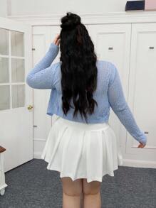 CovetEZ Plus Size Solid Color Tie-Up Knitted Cardigan, Spring/Summer In Fall/Winter - Baby Blue - View 2