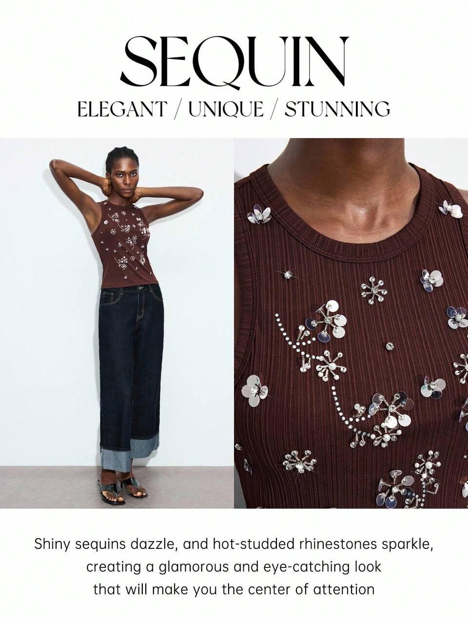 SHEIN Maija Elegant Brown Floral Women's Tank Top,Embroidered Round Neck Sleeveless Fitted Camisole,Summer Resort Style,Versatile Party Night Casual Wear