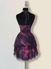 SHEIN ICON 网眼紫色扎染印花透视不对称下摆挂脖系带腰迷你连衣裙 - 紫色 - 查看 2