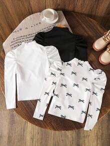 SHEIN 3pcs/Set Young Girls Puff Sleeve Long Sleeve T-Shirt,Casual Basic Stand Collar Heart Bow Print Tops For White Autumn School Back-To-School,Tween Shirt - Multicolor - View 3