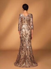 Serin Elegant Luxurious Embroidered Lace Sequin Satin Ruffle Sheer Long Sleeve Mermaid Slit Dress, Suitable For Wedding, Party, Vacation, Prom, Evening Gown, Mother Of The Bride, Valentine's Day - Champagne - View 4