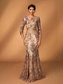 Serin Elegant Luxurious Embroidered Lace Sequin Satin Ruffle Sheer Long Sleeve Mermaid Slit Dress, Suitable For Wedding, Party, Vacation, Prom, Evening Gown, Mother Of The Bride, Valentine's Day - Champagne - View 7