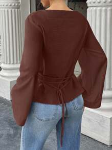 Selianne Women's Solid Color Tie Waist Flare Sleeve Shirt, Suitable For Spring And Autumn Fall Cloth For Women - Brown - View 2